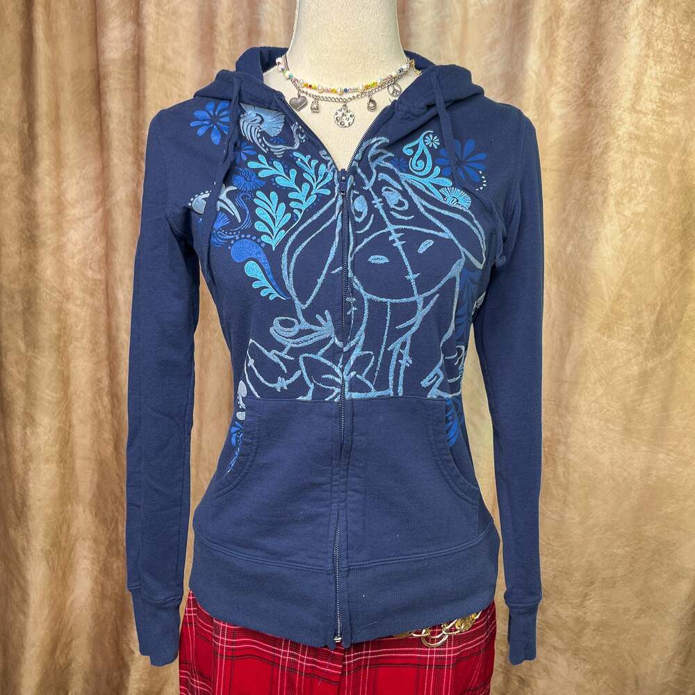 Disney Eeyore Hoodie Jacket Zip Up Blue Floral Graphic Print Cartoon Art Y2K